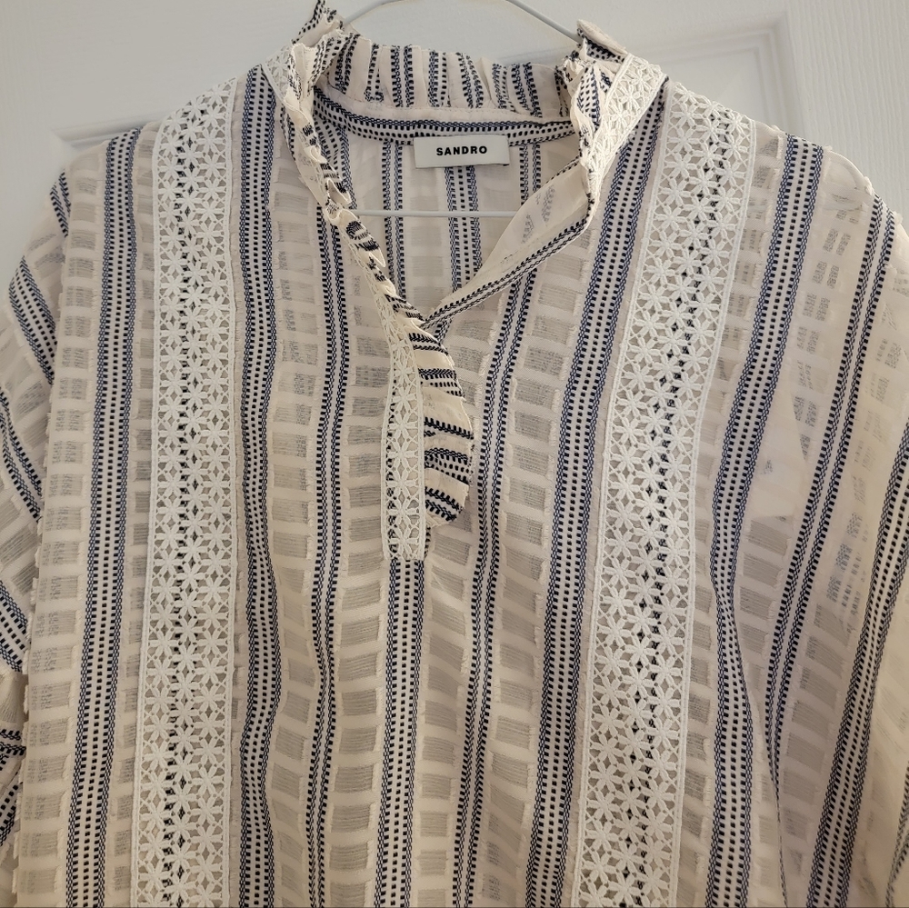 Sandro Striped Lace-Trim Tunic Dress in White and Navy